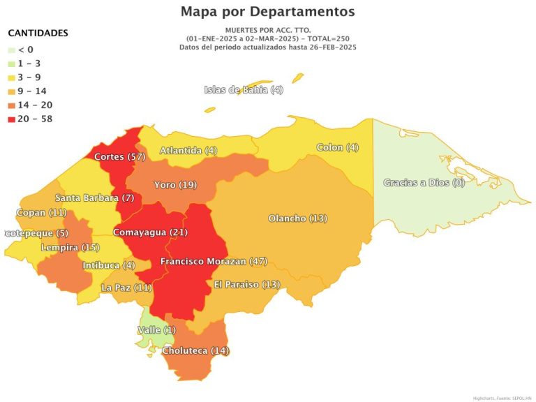 Map of deaths in traffic accidents in Honduras
