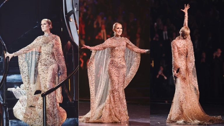 Celine Dion singing in a gold dress